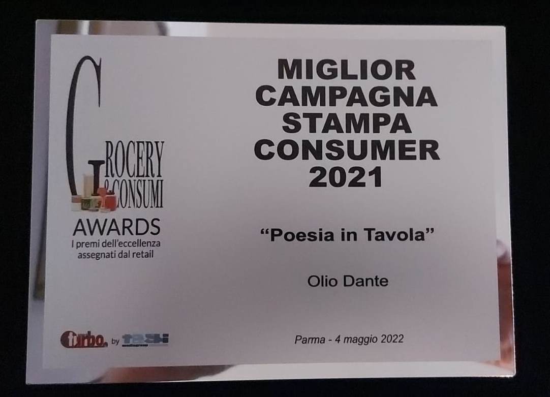 TESPI AWARDS 2022, A OLIO DANTE IL PREMIO  PER LA MIGLIOR CAMPAGNA STAMPA CONSUMER